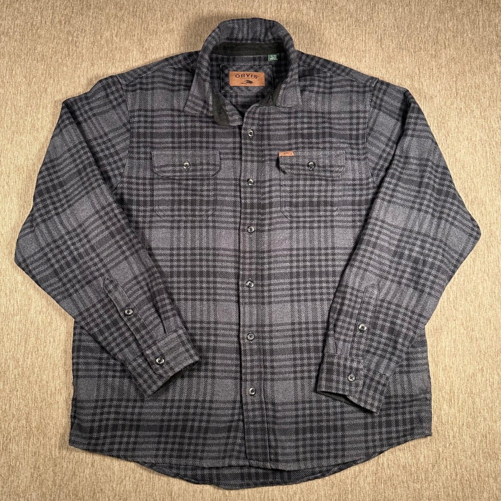Orvis Mens XL Charcoal Gray Plaid Flannel Button Down Shirt